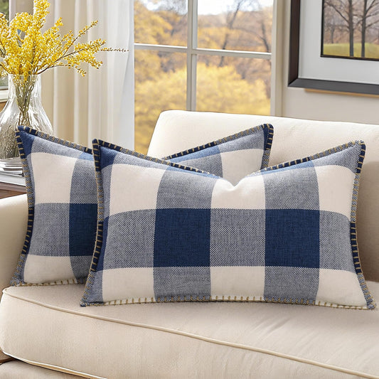 decorUhome Buffalo Plaid Check Throw Pillow Covers 12x20 Set of 2, Outdoor Lumbar Decorative Farmhouse Neutral Pillow Covers with Stitched Edge for Bed Couch Sofa, Navy Blue and White