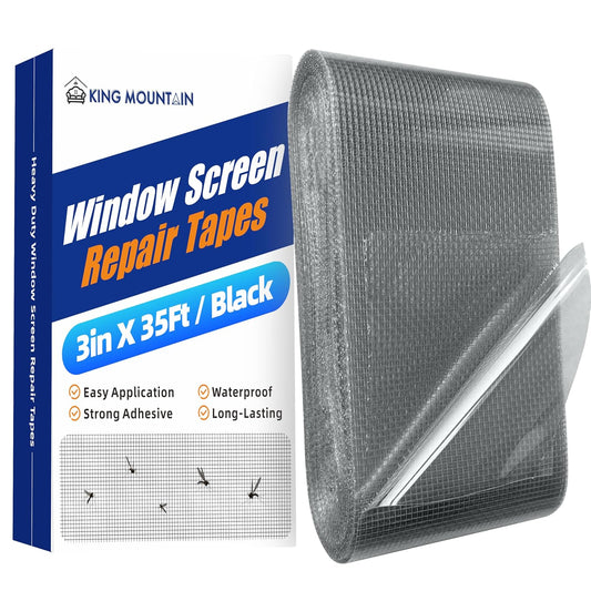 KING MOUNTAIN Black Window Screen Repair Tape,3inX35FT Heavy Duty Screen Repair Kit for Window Screen and Screen Door Tears Holes,Strong Adhesive & Waterproof Window Screen Patch, Weather Resistant
