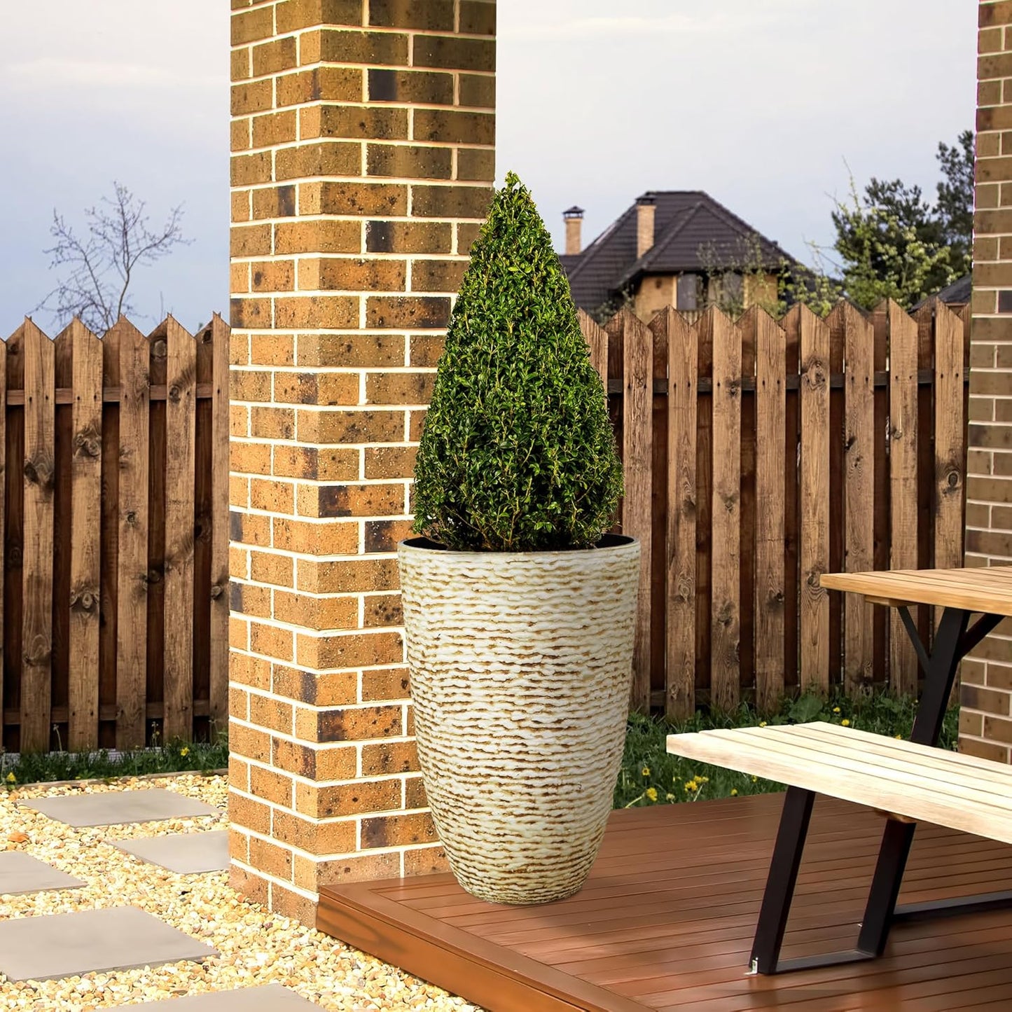 KOL 2-Pack 21in. Tall Plastic Planter - Large Round Tapered Plant Pots with Textured Finish - Beige Imitation Stone Looking Flower Pots for Indoor & Outdoor Plants - Lightweight and Durable