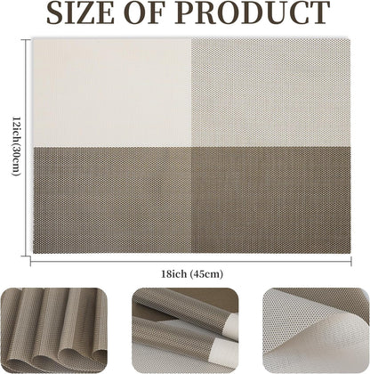 Vinyl Plastic Placemats Set of 6 Washable Heat Resistant Non-Slip Elegant Indoor Outdoor Kitchen Dining PVC Woven Table Place Mats (Light Coffee Lattice Block)