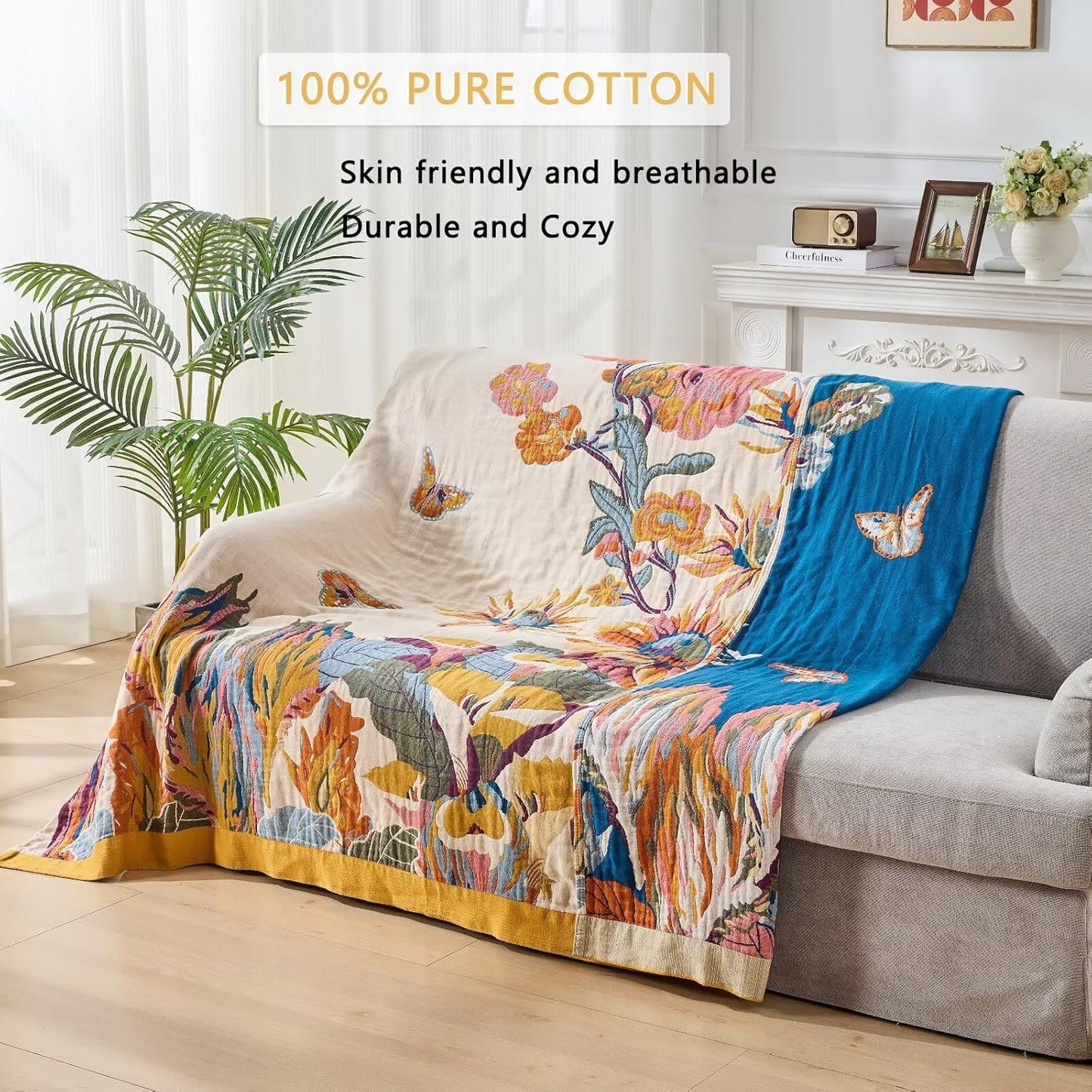 100% Muslin Throw Blanket for Couch, Butterfly and Floral Double Embroidery Summer Throw Blanket 60"x80" for Bed, Chair, Woven Cotton Reversible Mexican Blanket