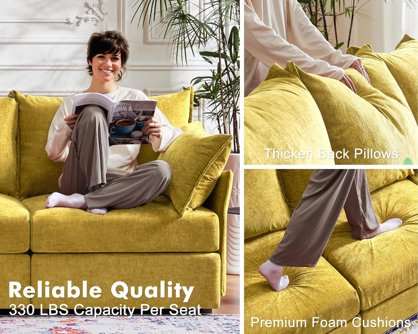 102.6" Modular Sectional Sofa, Oversized 3-Seater Couch with Removable Yellow Chenille Fabric Cover, Deep Seat & High Backrest for Living Room, Office & Apartment