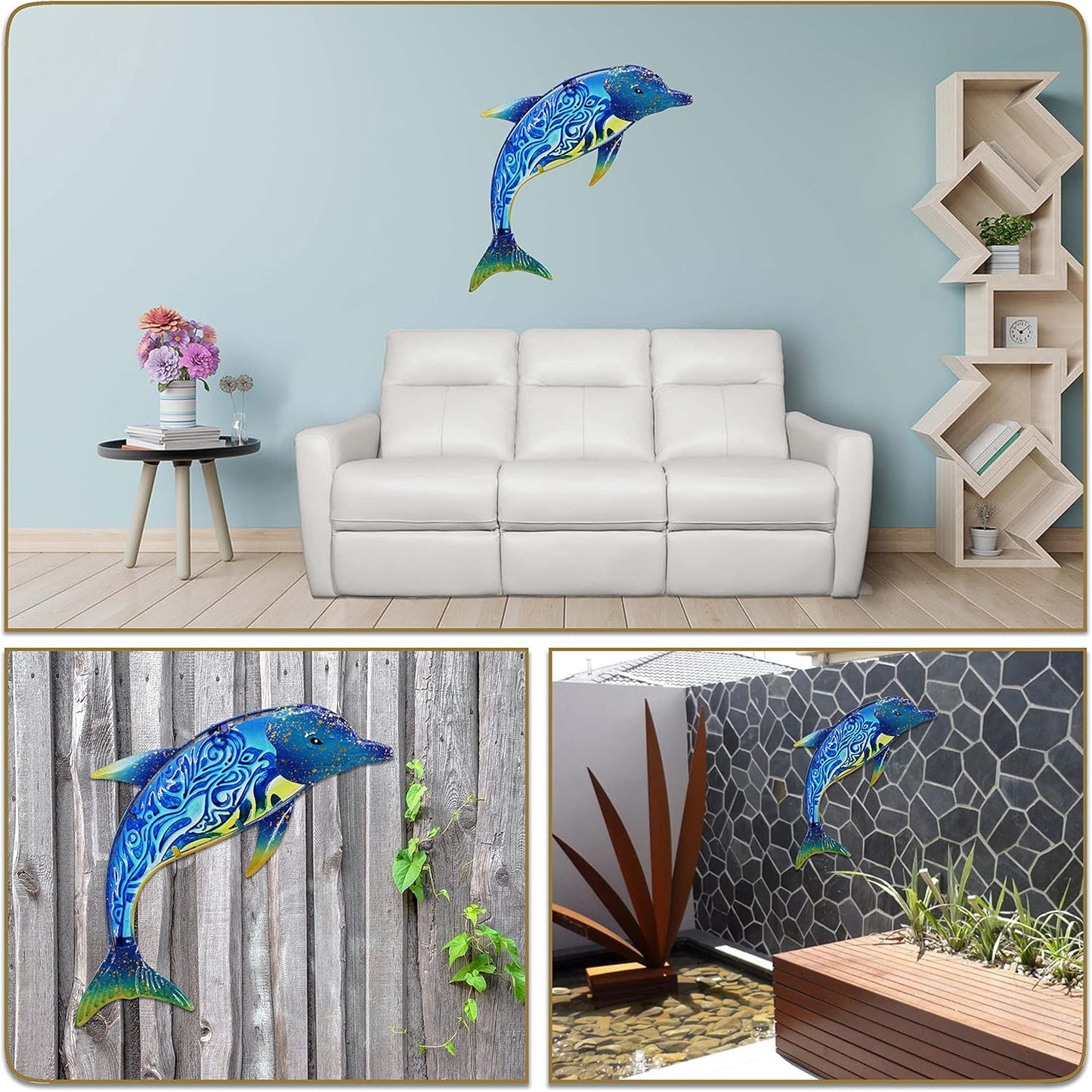 John's Studio Dolphin Wall Decor Outdoor Metal FIsh Sea Hanging Art Glass Sculptures Home Ocean Theme Decorations for Living Room, Bedroom, Yard, Fence and Patio - 17.5 Inches