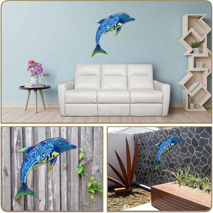 John's Studio Dolphin Wall Decor Outdoor Metal FIsh Sea Hanging Art Glass Sculptures Home Ocean Theme Decorations for Living Room, Bedroom, Yard, Fence and Patio - 17.5 Inches