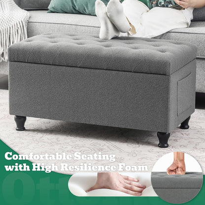 Ottoman with Storage 32'' Ottoman Storage Bench Fabric Ottomans Footstools Upholstered Foot Rest Stool for Couch, Living Room, Bedroom, Entrance Shoe Bench Gray