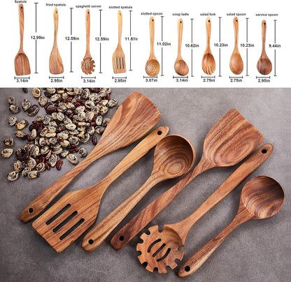 Wooden Kitchen Utensils Set,GUDAMAYE 9 PCE Natural Teak Wooden Spoons For Non-stick Pan for Cooking,