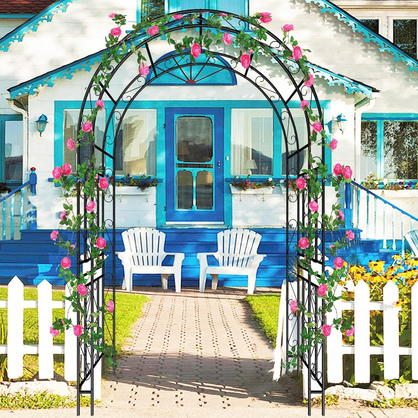 Metal Garden Arch 90.55" H Garden Arbor Trellis Climbing Plants Support Pattern Arch Outdoor Lawn Wedding Party Events Archway Black