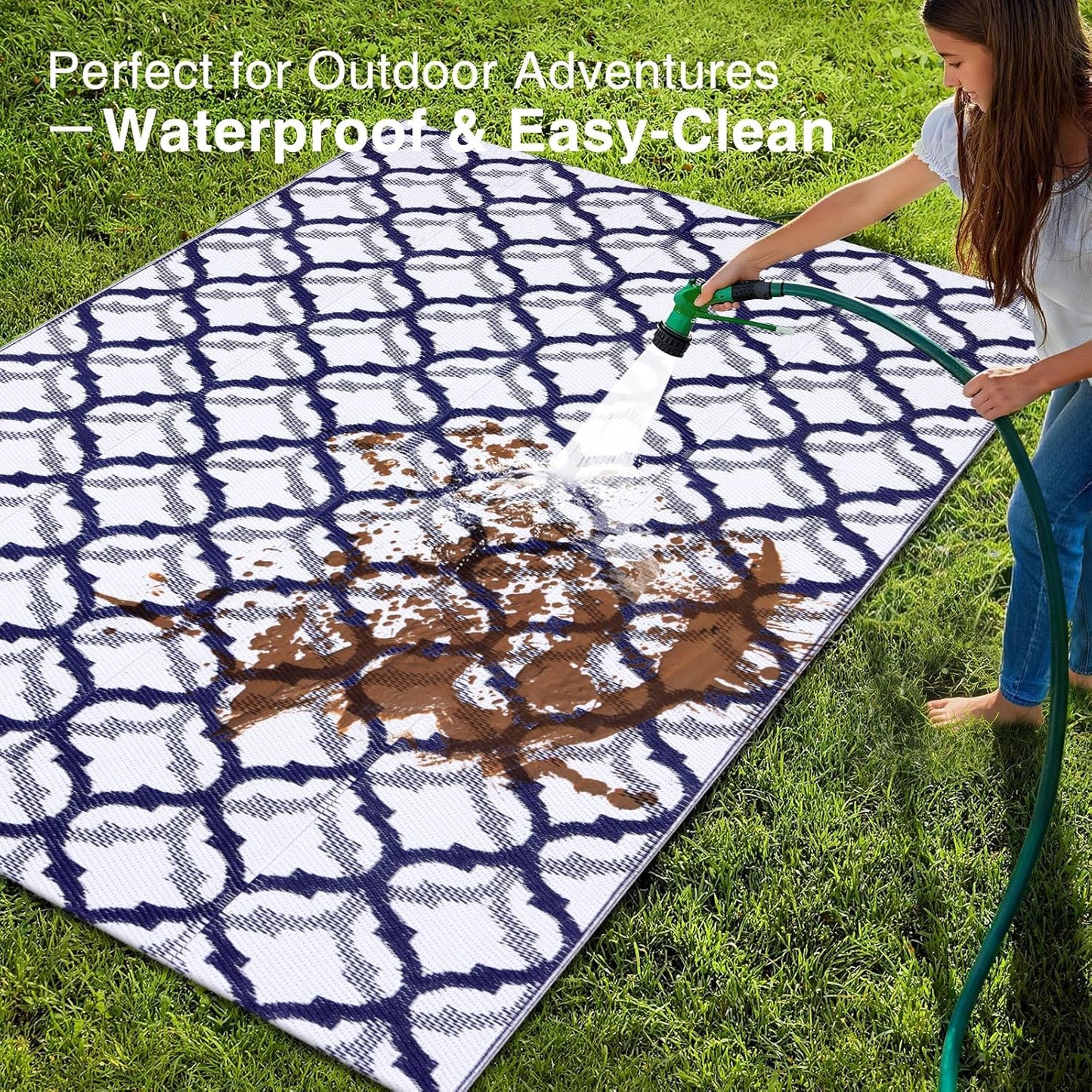 OLANLY Reversible Outdoor Rug 5x8 ft Clearance, Waterproof Outdoor Plastic Straw Rug with Interlacing Pattern, RV Mat for Patio, Camping, Balcony, Deck, Backyard, Navy & White