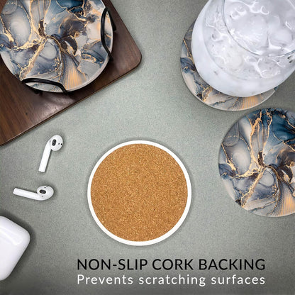 Emerson Coasters for Drinks Absorbent – Natural Stone Drink Coasters Set with Holder, Coasters for Coffee Table, Wooden Tabletop Protection Marble Style – 100% Heavy Duty Set of 6 (Atlas)