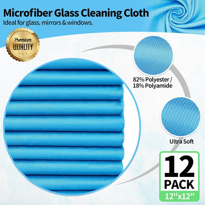 HOMERHYME Microfiber Glass Cleaning Cloth, 12 Pack Window Glass Cleaning Rags, Reusable Lint-Free Streak Free Polishing Cloth Wipes for Stainless Steel, Eyeglasses, Mirrors, Screens & Lenses,12" 12"