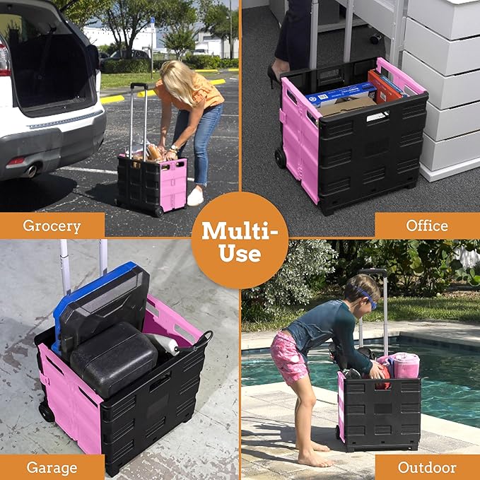 Inspired Living Ultra-Slim Rolling Collapsible Storage Pack-N-Roll Utility-carts, with Telescopic Handle, for Home, Garden, Shopping, Office, School use, Medium, Pink & Black
