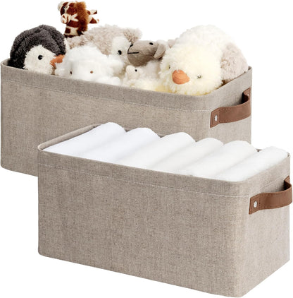StorageWorks Narrow Storage Bins, Small Basket for Closet and Shelves, Rectangular Fabric Organizer with Handles, Toilet Paper Storage, Brown and Beige, 2-Pack