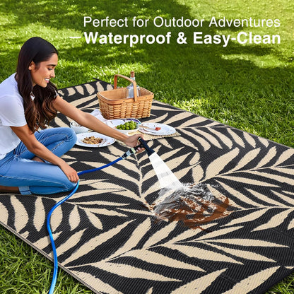 OLANLY Waterproof Outdoor Rug 9x12 ft, Reversible Outdoor Plastic Straw Rug with Leaf Pattern, RV Mat, Indoor Outdoor Carpet for Patio, Camping, Balcony, Deck, Backyard, Black & Beige