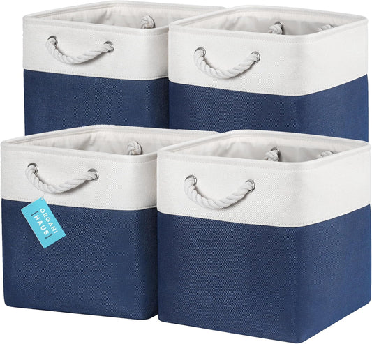 OrganiHaus 12x12 Cube Storage Bins 4 Pack, Foldable Cube Storage Organizer w/ Rope Handles, Collapsible Fabric Bins for Toys, Clothes & Closet Organization, Fabric Square Baskets - Navy Blue