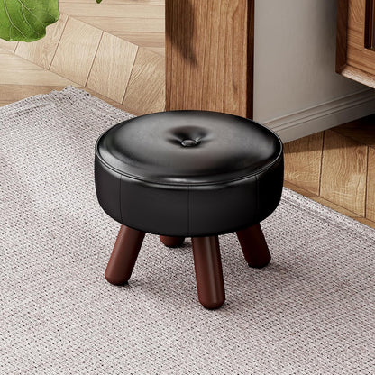 13in Small Foot Stool Ottoman, Round Faux Leather Foot Rest, Footstool Ottomans with Rubber Legs Under Desk, Footrest for Couch, Living Room, Bedroom, Office, 13''L x 13''W x 10.2''H, Black