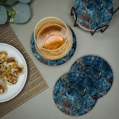 Emerson Coasters for Drinks Absorbent – Natural Stone Drink Coasters Set with Holder, Coasters for Coffee Table, Wooden Tabletop Protection Marble Style – 100% Heavy Duty Set of 6 (Deep Ocean)