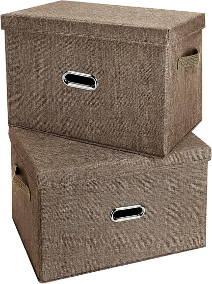 Large Linen Fabric Foldable Storage Bins with Removable Lid and Handles, Washable Storage Box Organizer Containers Baskets Cube with Cover for Bedroom,Closet,Office (Coffee, Large(2-Pack))