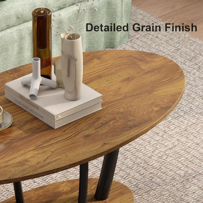 Manora Small Oval Coffee Table with Storage, Farmhouse Industrial Center Table for Living Room, Vintage Tea Table for Small Spaces, Rustic Brown
