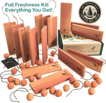 Cedar Blocks for Clothes Storage -40 pcs (15 Hang-ups & 25 Balls)- Cedar Balls for Clothes Storage, Natural Closet Smell Eliminator, Natural Closet Deodorizer, Drawer Fresheners for Dresser.