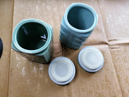 UNESCO Heritage Longquan Celadon Tea Canister Set - Dual Ceramic Jars, 900ml Airtight Storage with Plum Green & Powder Blue Glazes | Elegant Chinese Craftsmanship