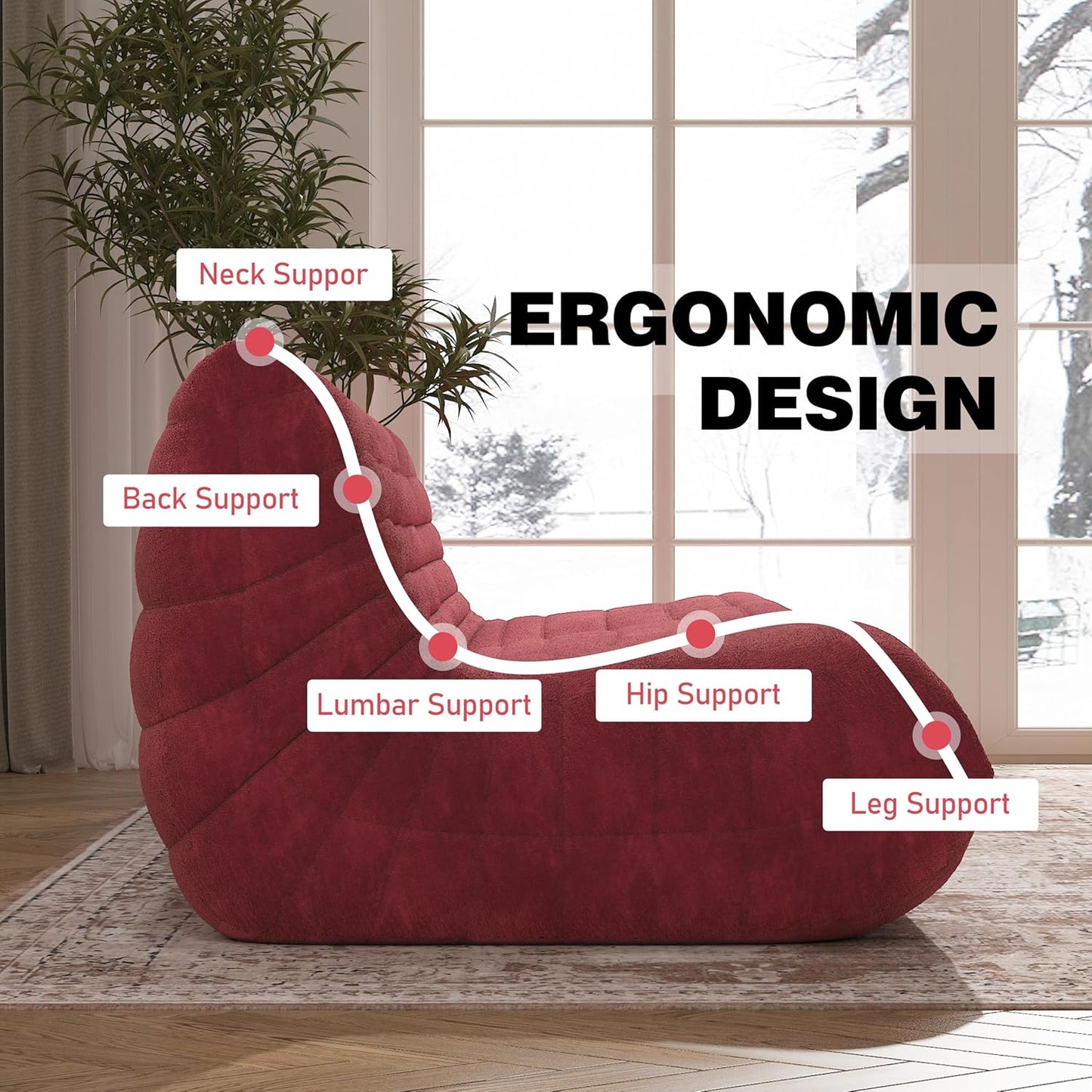 Big Bean Bag Chairs for Adults, 3 Seater Large Bean Bag Sofa, Fireside Chair Lazy Sofa Chair with High Density Comfortable Foam, Modern Bean Bag for Living Room, Bedroom, Office (Red)