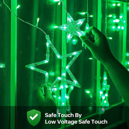 Green Star Icicle Lights,126LED 8.2FT Christmas String Lights with 8 Modes Waterproof,Clear Wire Plug Memory Timer Curtain Lights for St Patrick’s Day Holiday Yard Garden Decorations(Green)