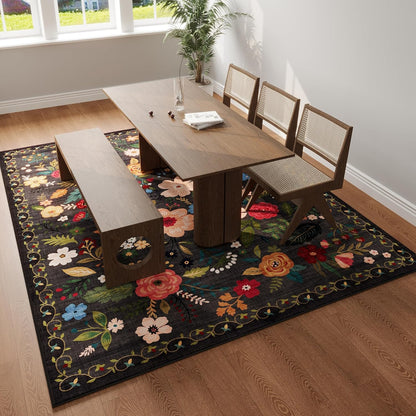Area Rugs 9x12 Living Room Clearance Washable Boho Rug Non Slip Floral Vintage Low Pile Large Rug for Living Room, Bedroom, Farmhouse, Dining Room, Kids Playroom(Black)