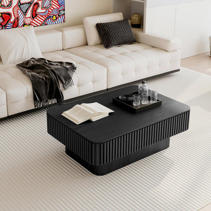 Lift Top Coffee Table with Storage, Solid Wood Coffee Table with Adjustable Height, Fluted Center Table Accent Tea Table for Living Room, Apartment, Office (38.6" Black)