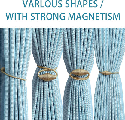 2 PCS Magnetic Curtain Tiebacks, European Style Convenient Drape Tie Backs Holdbacks for Thin or Thick Home & Office Window Draperies, No Tools Required-Gold Bright