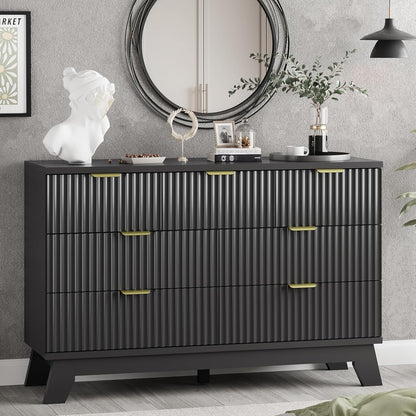 Fluted Dresser for Bedroom with 7 Drawers, 48" Wide Chest of Drawers with Metal Handle, Modern Wood Dresser TV Stand, Wooden Closet Clothes Storage Organizer for Living Room, Hallway, Black
