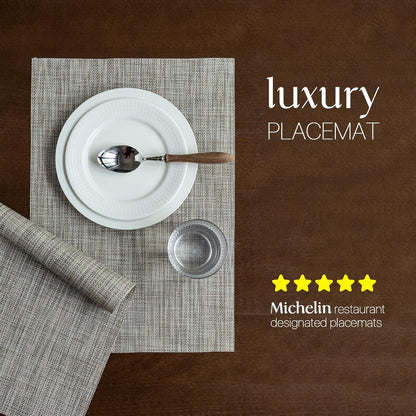 LEXMORE PlaceMats Set of 12 Vinyl/Plastic Woven Place Mats for Kitchen Table Indoor/Outdoor Washable PlaceMat Wipeable Dining Table Mats(Caramel)