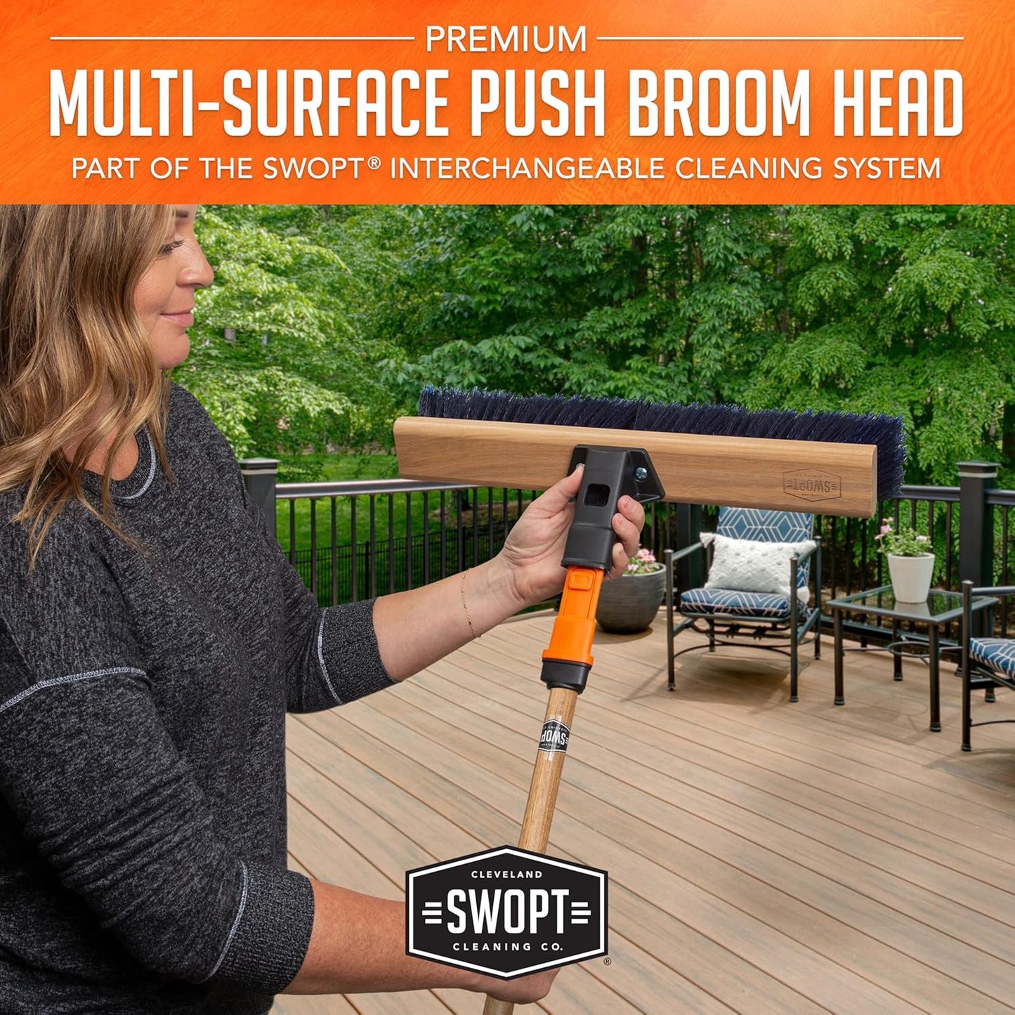 SWOPT 18” Premium Multi-Surface Push Broom Cleaning Head — Indoor and Outdoor Push Broom — Interchangeable with All SWOPT Cleaning Products for More Efficient Cleaning and Storage