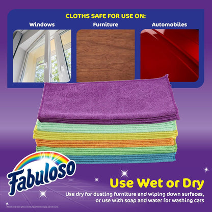 Fabuloso Microfiber Cleaning Cloths, Rainbow - Lint-Free, Scratch-Free Cleaning Cloths for Surfaces and Wood Furniture - Dustless Cloth for Bold and Bright Cleaning Experience, 24 Count