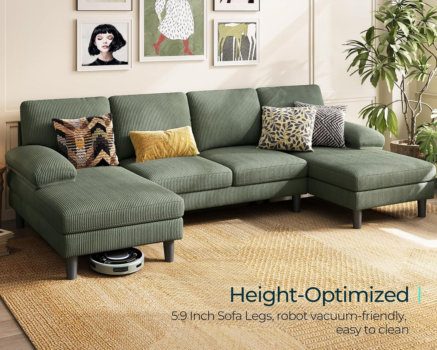 LINSY HOME Sectional Couch, 111'' W Corduroy U Shaped Sofa with Sleepable Armrests, 4 Seat Couch with Double Chaises, Deep Seat Sofa for Living Room, Army Green