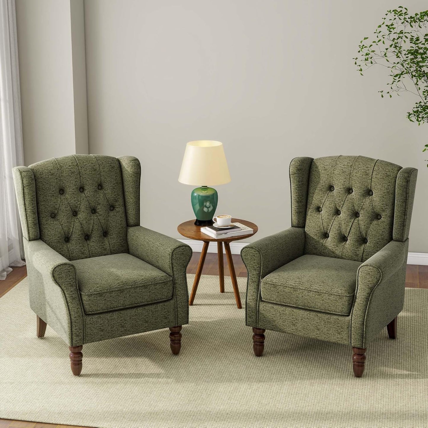 Accent Chair, Upholstered Armchair with Button Tufted High Back & Solid Wood Legs, Comfy Wingback Reading Single Sofa Chair for Small Spaces, Living Room, Bedroom (Green, Set of 1)