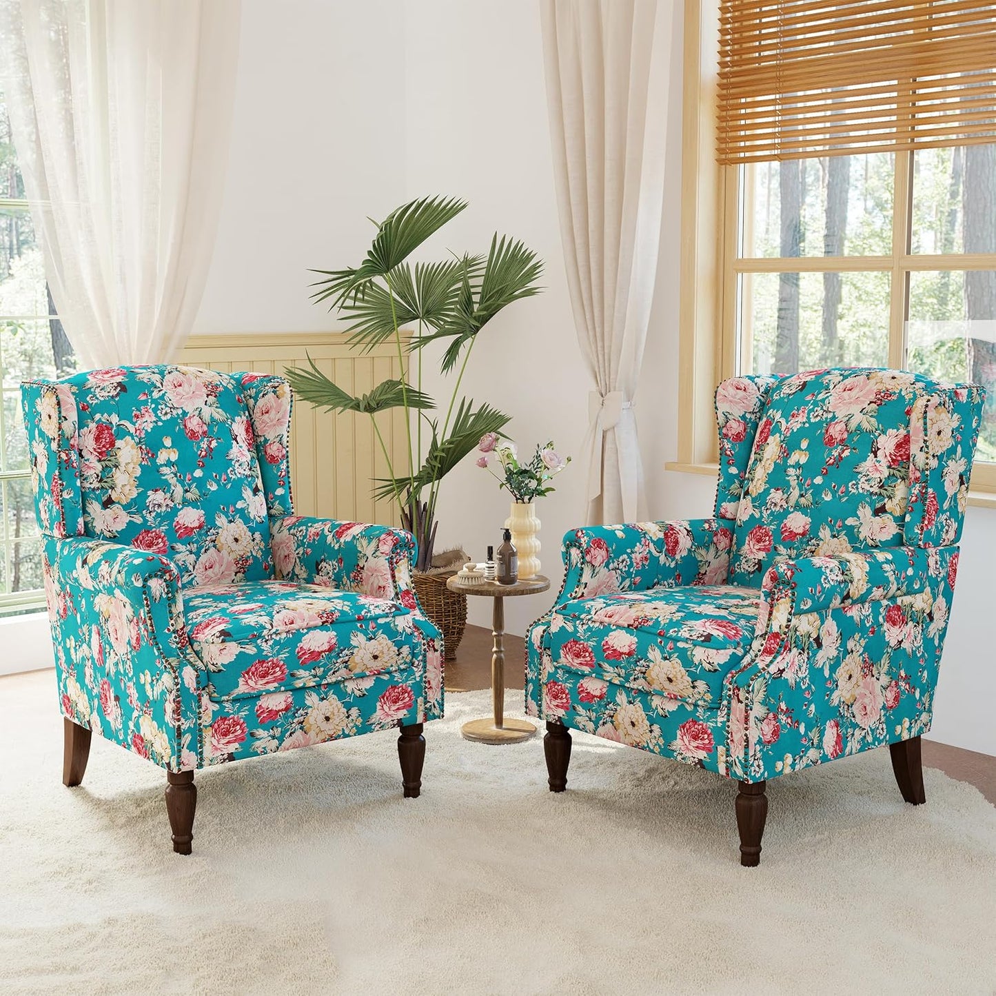 Lumibee High Back Accent Chair Set of 2, Armchair in Fabric,Comfy Upholstered Wingback Single Sofa Reading Chairs with Solid Wood Legs for Living Room,Bedroom,Office-Peacock Blue