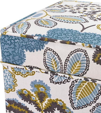 Adeco 18 Inch High Cube Ottoman Storage, Linen Chair Foot Stools, Upholstered Vanity Stool with Hinged Lid, Solid Wood Legs (Blue Leaves)