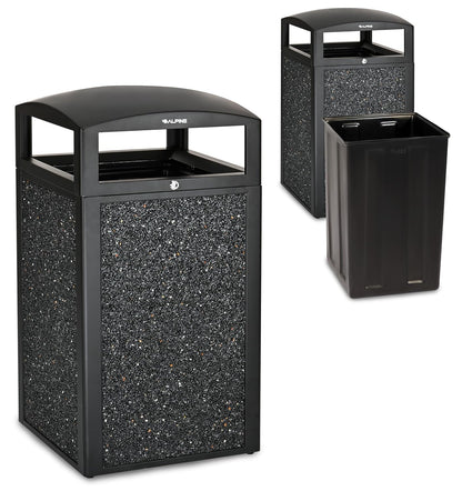 Alpine Outdoor Commercial Trash Can with Lid - 40 Gallon Heavy Duty Metal Garbage Can with Removable Bin, Locking Lid for a Modern Look in Park, Mall & High Traffic Areas - Black, Grey Stone Panels