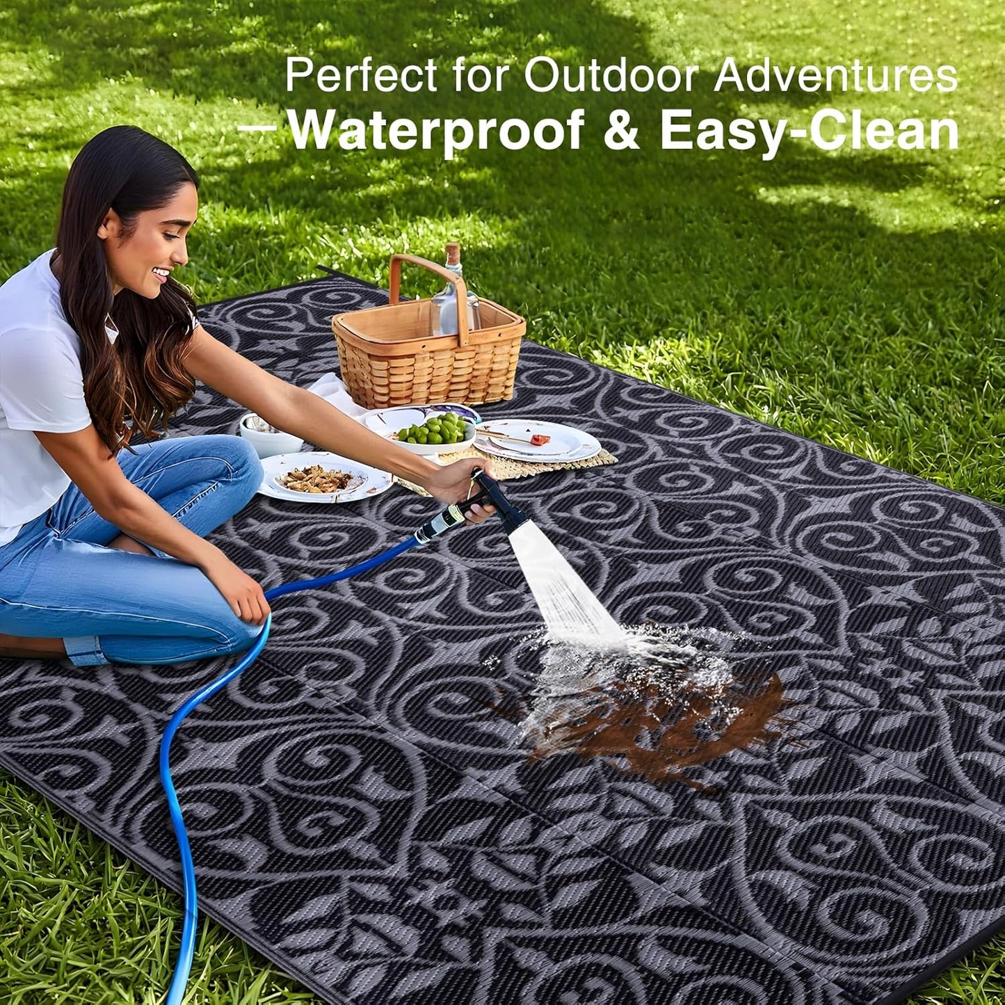 OLANLY Outdoor Rug Waterproof 8x10 ft Clearance, Reversible Outdoor Plastic Straw Rug with Floral Pattern, RV Mat for Patio, Camping, Balcony, Deck, Backyard, Black & Grey