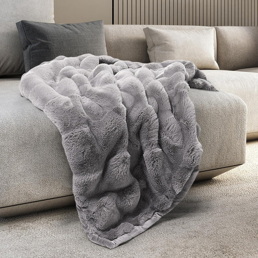 Mon Chateau 60" x 70" Faux Fur Throw Blanket - Reversible Soft Blanket for Queen-Size Bed, Couch, or Sofa, Cozy Home Decor and Stylish Living Room Comfort in Grey