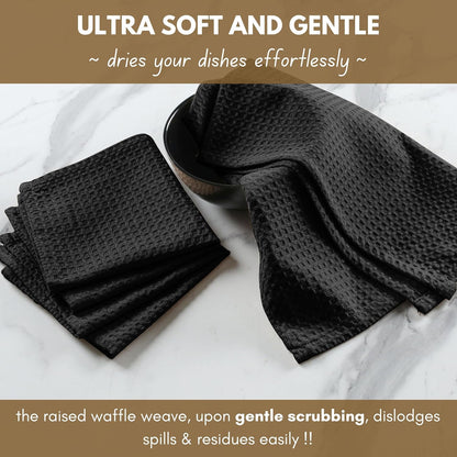 Native Fab Cotton Kitchen Towel with Hanging Loop 16x26 inches, 4-Pack, Waffle Weave Kitchen Towels for Cleaning Drying, Washcloths Soft & Absorbent Cloth Rags, Bar Towel, Dish Cloth, Black