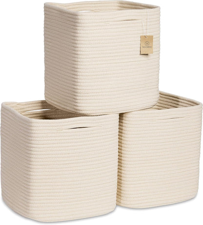 NaturalCozy Storage Cubes 11 Inch Cotton Rope Woven Baskets for Organizing, 3-Pack | Cube Storage Bin | Square Storage Baskets for Shelves Organizer, Classroom, Kids Toy Bins, Closet, Baby Nursery