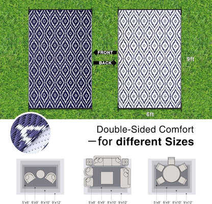 OLANLY Outdoor Rug 6x9 ft Waterproof, Outdoor Plastic Straw Rug with Geometric Pattern Clearance, Reversible RV Mat for Patio, Camping, Balcony, Deck, Backyard, Navy & White