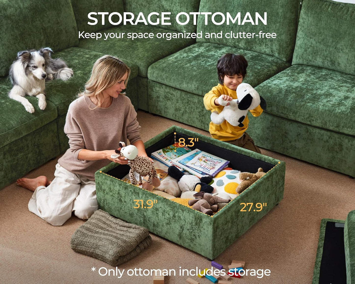 Oversized Modular Sofa Comfy Cloud Couch with Storage, Extra Deep Plush Sectional Sofa Set for Living Room, Covers Washable, Chenille, Olar (Green, 6-Seater with 3 Ottomans, Sleeper)