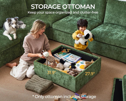 Oversized Modular Sofa Comfy Cloud Couch with Storage, Extra Deep Plush Sectional Sofa Set for Living Room, Covers Washable, Chenille, Olar (Green, 6-Seater with 3 Ottomans, Sleeper)