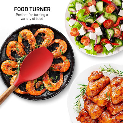 Zulay Kitchen Utensils Set Non-Stick Silicone Cooking Utensils Set with Authentic Acacia Wood Handles - 5 Piece Silicone Utensil Set - Silicone Kitchen Utensils Set with 464°F Heat Resistance - Red