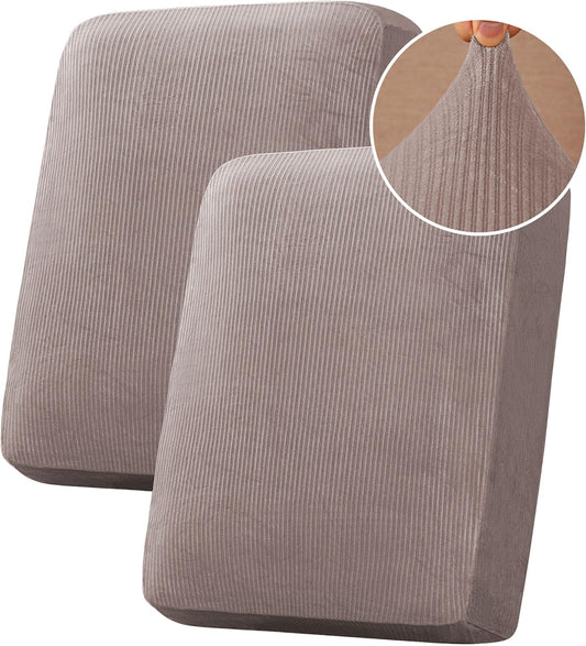 H.VERSAILTEX Velvet Stretch Couch Cushion Cover Plush Cushion Slipcover for Chair Loveseat Sofa Cushion Furniture Protector Seat Cushion Sofa Cover (2 Piece Medium Sofa Cushion Covers, Taupe Striped)