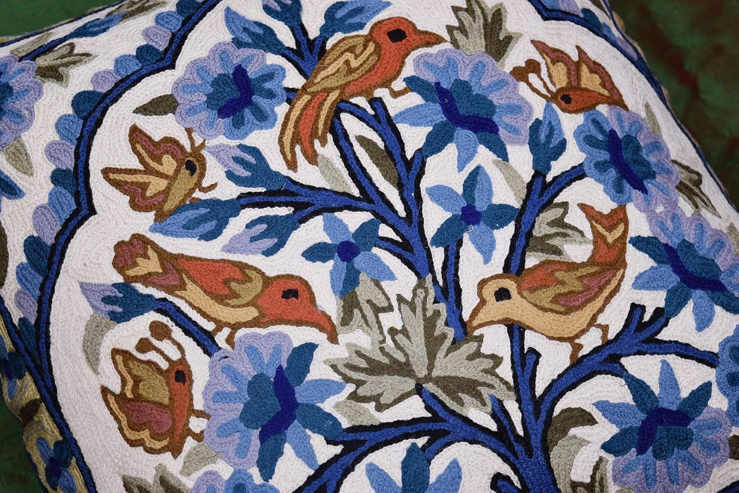 Blue Tree of Life Pillow Cover Blues Birds Floral Decorative Pillowcase Flower Outdoor Suzani Cushion Needlepoint Hand Embroidered Wool Size - 18x18