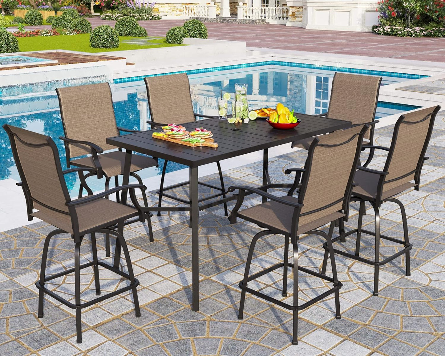 PHI VILLA 7 Piece High Patio Bar Dining Set, Bar Height Outdoor Table and Chairs Patio Furniture Set with 6 Patio Swivel Bar Stools & 40" Table for Garden, Yard and Terrace