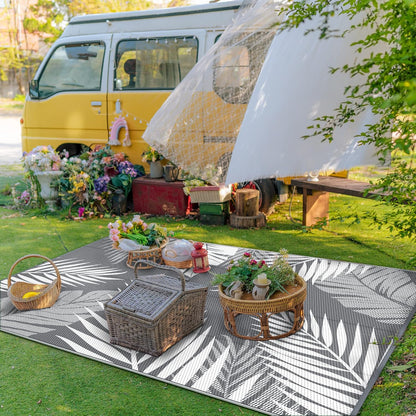 GENIMO Outdoor Rug 5' x 8' Waterproof for Patios Clearance, Reversible Plastic Straw Camping Carpet, Large Area Rugs Mats for RV, Picnic, Backyard, Deck, Balcony, Porch, Beach, Grey&White